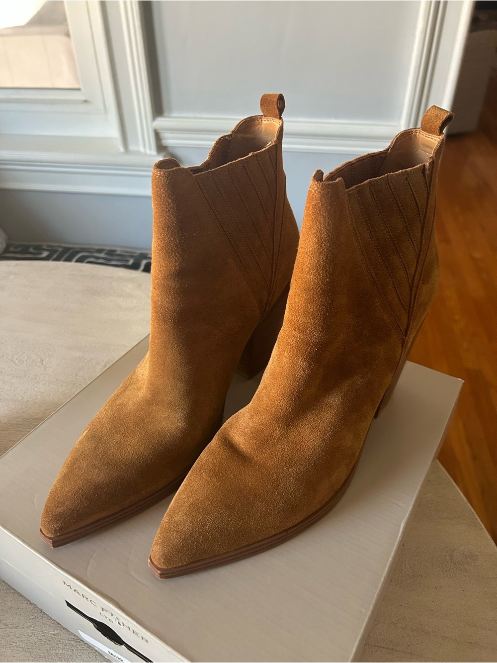 Marc Fisher Suede Pointed-Toe Ankle Boots in Cognac Brown